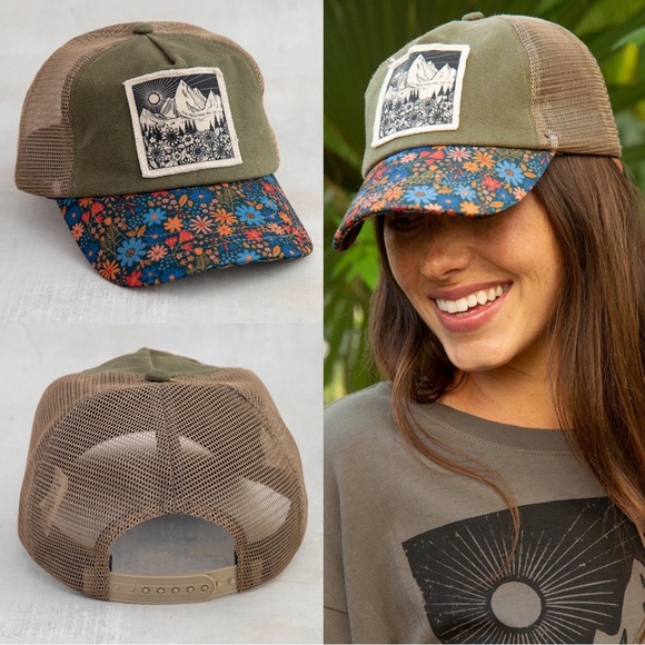 NATURAL LIFE Accessories - NATURAL LIFE Canvas Trucker Hat, Olive Green w/ Floral Bill, Adjustable Strap